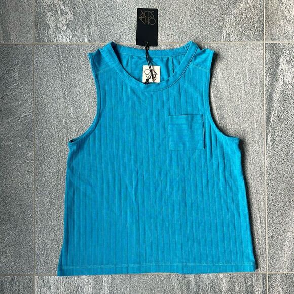 NWT Chaser Relaxed Fit Poor Boy Wide Rib Sleeveless Pocket Tank Turquoise Small - Picture 1 of 10